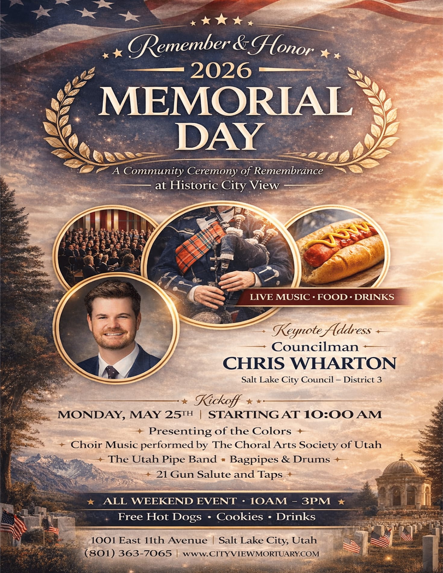 Memorial Day 2026 — Community Ceremony of Remembrance at Historic City View. Monday, May 25th at 10:00 AM. Keynote by Councilman Chris Wharton. 1001 East 11th Avenue, Salt Lake City.